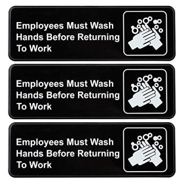 Imagem de Excello Global Products Employees Must Wash Hands Before Return to Work Sign: Placa informativa de segurança de plástico fácil de montar com símbolos Ótimo para negócios, 23 x 7,6 cm, pacote com 3