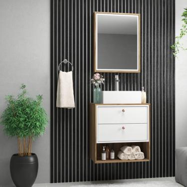 Imagem de Conjunto para Banheiro 3 Peças 1 Gabinete com Cuba 1 Armário com Espelho Gael Móveis Bosi Nogal/Branco