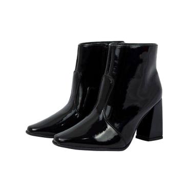 Imagem de Bota Feminina Verniz Bico Fino Ziper Lateral Quadrado Coturno Salto Bloco Grosso Plataforma