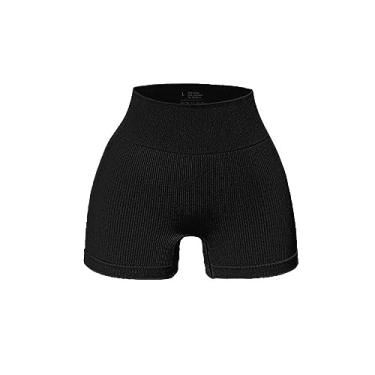 Imagem de Shorts de malha com bolsos para mulheres shorts de treino macios de cintura alta para ioga corrida atlética, Preto, G