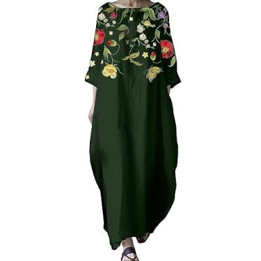 Imagem de UIFLQXX Vestido feminino plus size verão vintage estampa floral vestido longo gola redonda manga 3/4 casual vestido solto, Verde, XXG