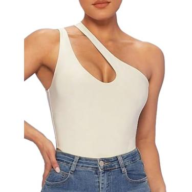 Imagem de MakeMeChic Body feminino casual de um ombro sem mangas com recorte assimétrico no pescoço, Bege, P