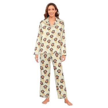 Imagem de KLL Lindo conjunto de pijama de estampa floral amarelo confortável perna larga pijama de dama de honra pijama de festa única feminino, Estampa floral amarela fofa, XXG
