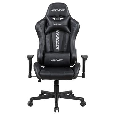Imagem de MAX RACER - Cadeira Gamer Skilled - Poltronas Gamer de Aço, Cadeira Ergonômica para Jogos - Até 150kg, Giratória, Braços 1D, Tecido Sintético PVC, Inclinação 180°, Almofada Cervical e Lombar - Preta