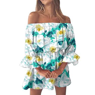 Imagem de Vestidos de verão para mulheres vintage estampa floral praia sexy ombro de fora túnica vestido de verão casual para mulheres, Azul claro, M