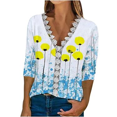 Imagem de Camiseta feminina de renda com gola V, manga 3/4, estampa floral, ajuste solto, longa, outono, verão, 2024, L-272 amarelo mostarda, P