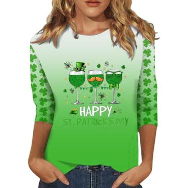 Imagem de Camiseta feminina Happy St Patricks Day com manga 3/4 de comprimento com estampa divertida de taças de vinho gola redonda macia e confortável, Bege, GG