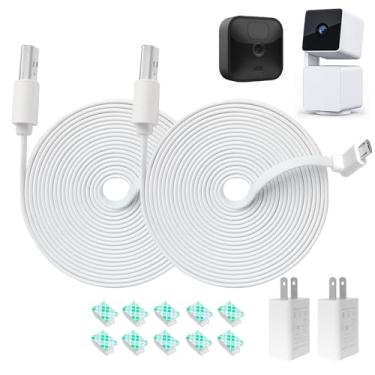 Imagem de JJMASEE Pacote com 2 carregadores de cabo de extensão de 3 m para câmera Wyze Cam Pan V3 interno/externa e Blink Outdoor (3ª Geração), cabo de carregamento micro USB de 90 graus com adaptador, cabo de carregamento em forma de L, branco