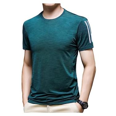Imagem de Camiseta masculina atlética de manga curta, caimento solto, gola redonda, lisa, alta elasticidade, macia, Cor 13, 3G