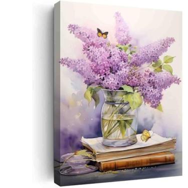 Imagem de Aquarelas de arte de flores lilás e livros, arte emoldurada botânica, decoração moderna de casa de fazenda para quarto para casa, quarto infantil, sala de jogos, decoração de parede de sala de leitura