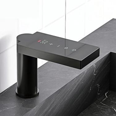 Imagem de Torneira de lavatório Torneira de banheiro inteligente de latão, design de tela de exibição digital 1 furo controle de toque torneira de pia fria e quente (cor: preto fosco)