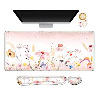 Imagem de AIMSA Teclado Mouse Pad Descanso de Pulso, Mouse Pad Estendido para Jogos + Suporte de Pulso, Espuma de Memória Ergonômica, Mousepad Grande XXG Fácil de Digitar Alívio da Dor, 4 Peças (35 × 15,7 cm) Tapete de mesa, Flores Rosa