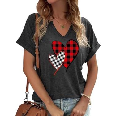 Imagem de Earlymemb Camiseta feminina com estampa de coração e decote em V para o dia dos namorados para casal, casual, de manga curta, para presente, C - cinza - 1, P