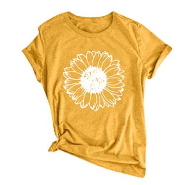 Imagem de Duobla Camisetas femininas de verão 2024 com estampa de girassol, casual, de manga curta, com estampa de flores, roupas modernas, A-1-amarelo, G