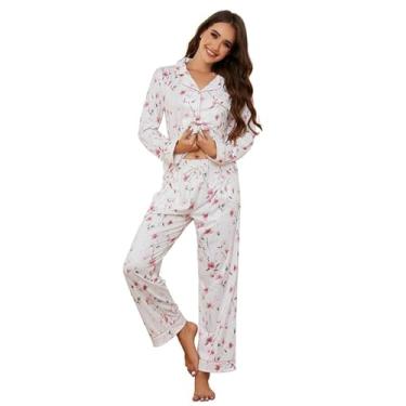 Imagem de LYCY Conjunto de pijama feminino com estampa floral, manga comprida com botões e pijama para mulheres, pijama macio de 2 peças, Rosa floral - bege, G