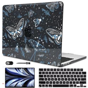 Imagem de LCMOCICO Capa para MacBook Air 2025 de 13,6 polegadas M4 A3240 M3 A3113 M2 A2681 2024 2023 2022, capa rígida de plástico impresso preto com glitter para Mac Air 13,6 M4 M3 M2 Chip Touch ID, Butterfly