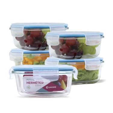 Imagem de Conjunto 5 Pote Vidro Hermético Marmita Tampa Silicone 520ml (Azul)