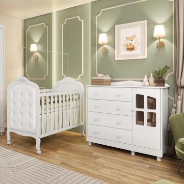 Imagem de Quarto de Bebê Berço Mini Cama com Capitonê MDF Cômoda Elô New Móveis Peroba