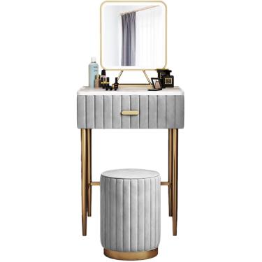 Imagem de Conjunto moderno de penteadeira pequena, mesa de maquiagem com gavetas e espelho, penteadeira com banquinho redondo acolchoado, tampo de mármore/estrutura de ferro, cinza, 40x50cm