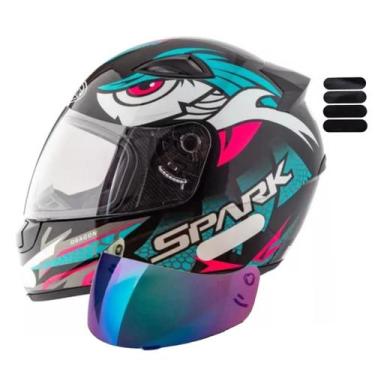 Imagem de Capacete Ebf Spark Dragon Preto Tiffany Mais Viseira Camaleão e Adesiv