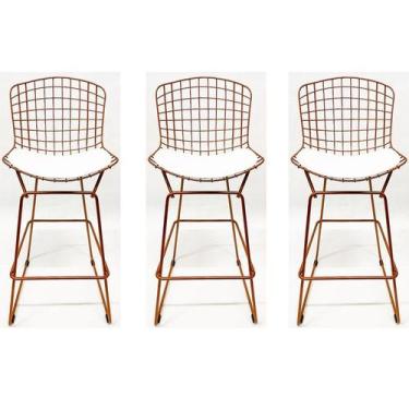 Imagem de Kit 3 Banquetas BERTOIA maciça cobre assento branco altura 70cm - Polt
