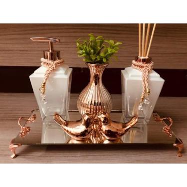 Imagem de Kit Lavabo Rose Gold Branco 6 Peças Difusor Sabonete Bandeja - Ateliê 