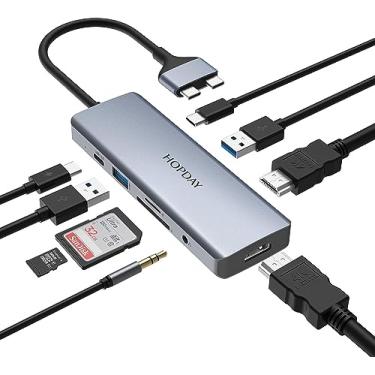 Imagem de Hub adaptador USB C da HOPDAY – Estação de ancoragem USB C 9 em 2 para laptop, tablet - 4K HDMI, USB 3.0, leitor de cartão SD/TF, áudio de 3,5 mm - Conecte seus dispositivos sem problemas