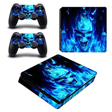 Imagem de FOTTCZ Película de vinil apenas para console e controles PS4 Slim, adesivo para decorar e proteger a superfície do equipamento, Blue Flame Ghost