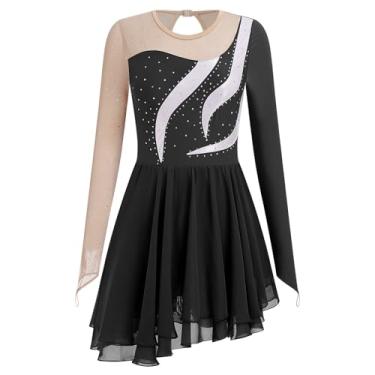 Imagem de Vestido feminino de patinação no gelo, manga comprida, traje de patinação artística, collant de ginástica rítmica, saia de chiffon brilhante, Preto, G