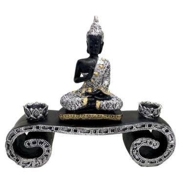 Imagem de Base Aparador Estátua de Buda Hindu com Altar e 2 Castiçais em Resina 
