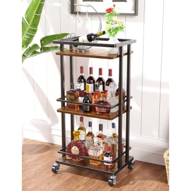 Imagem de OKZEST Carrinho de Bar de 3 Camadas para Casa, Mini Bar de Bebidas Rolantes para Jantar de Bebidas de Vinho, Ilha de Armazenamento de Cozinha Utilitária, Carrinho de Servir Sobre Rodas, Armário de Bar