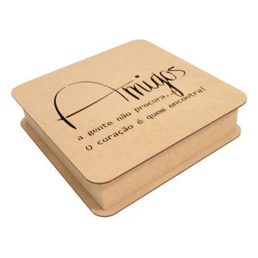 Imagem de Caixa Quadrada Com Dobradiça Frase Amigos 22,5x22,5x5,5 Mdf Madeira - 