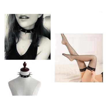 Imagem de Fantasia Punk Feminina Gargantilha e Meia Arrastão - 2 Peças - CM Pres