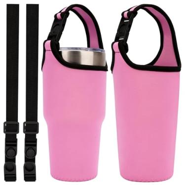 Imagem de Linkidea Pacote com 2 copos de neoprene com alça compatível com YETI Rambler Tumbler de 850 g, copo Greens Steel Beast 850 g, Hydroflask, suporte para bolsa de garrafa de água, alça de ombro (rosa)