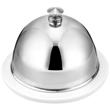 Imagem de LNQ LUNIQI Manteigueira de Cerâmica com Tampa de Aço Inoxidável, Recipiente Redondo para Guardar Manteiga, Recipiente para Servir Manteiga, Mini Cloche de Manteiga para Cozinha Cas (3,74 X 3,74 X 3,15