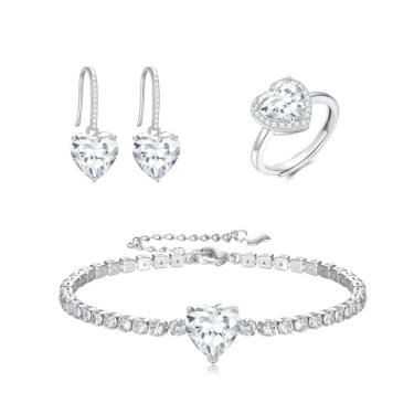 Imagem de Crysdue Conjunto de joias de coração, brincos pendentes de zircônia cúbica rosa/transparente anel aberto pulseira de tênis aniversário aniversário dia das mães joias presente para