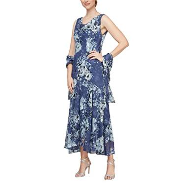 Imagem de Alex Evenings Vestido feminino de chiffon estampado sem mangas com xale, Floral Wedgewood, 52