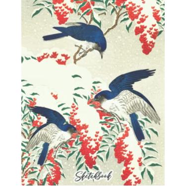 Imagem de sketchbook: Happy Blue Birds Family,Vintage Cover Blank Paper Notebook for Drawing, Doodling and Sketching in Japanese Style