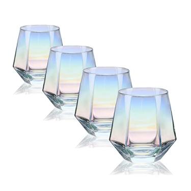 Imagem de CUKBLESS Conjunto de 4 taças de vinho sem haste (290 ml), vidro iridescente, taça de vinho arco-íris moderna para servir vinho branco, vinho tinto, coquetel, uísque, bourbon, água fria