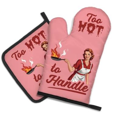 Imagem de DYJYBMY Conjunto de luvas de forno e suporte de panela vintage muito quentes para manusear, utensílios de cozinha sarcásticos para mulheres amantes, presentes de inauguração de casa para chefes de
