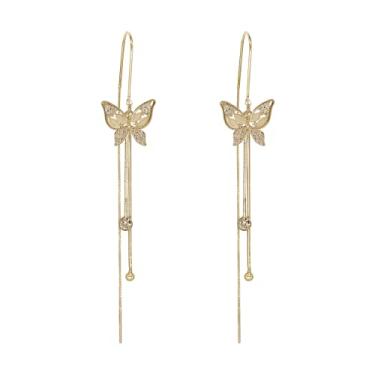 Imagem de Sonateomber Brincos de borla de corrente dourada – corrente de cobra de latão banhado a ouro 14 k – com pedras preciosas de olho de gato de zircônia e strass – Brincos de borboleta com pingente de folha de disco para mulheres e meninas adolescentes, Latão, Zircônia