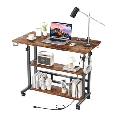 Imagem de Mesa de pé de altura ajustável com tomadas, mesa de suporte com prateleiras de armazenamento, mesa pequena para computador móvel de 80 cm, mesa portátil para laptop (marrom)