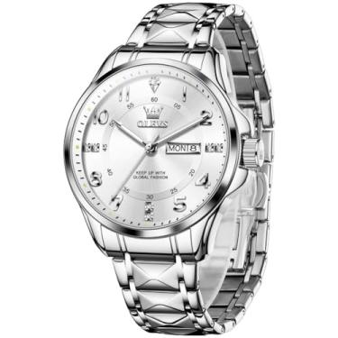 Imagem de OLEVS Relógios de luxo masculinos de aço inoxidável com data, clássico, mostrador grande, à prova d'água, luminoso, masculino, relógio masculino reloj para Hombre (branco/dourado/preto//azul