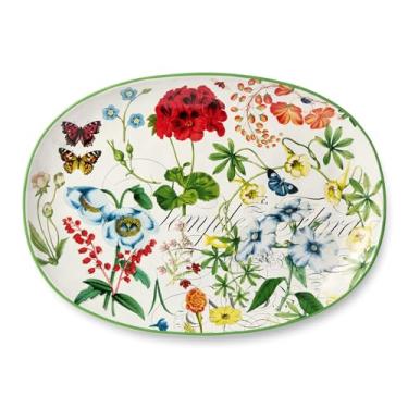 Imagem de Bandeja oval de estufa de 40,6 x 30,5 cm, design floral vibrante com borboletas e libélulas, cerâmica durável, segura para micro-ondas e lava-louças, perfeita para aperitivos, pratos principais e