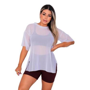Imagem de Blusao Tule Feminina Manga Curta Fitness Academia Branco - Sunset Conc