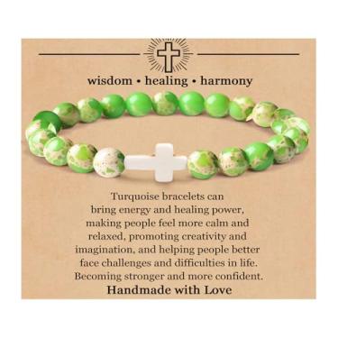 Imagem de RENYILIN Pulseira com contas de cruz de pedra natural, 8 mm, pulseira unissex para vale-presente, One Size, Pedra, Sem Pedra Preciosa