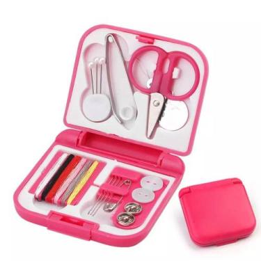 Imagem de Mini Kit de costura de bolso viagem emergência linha agulha botão Rosa