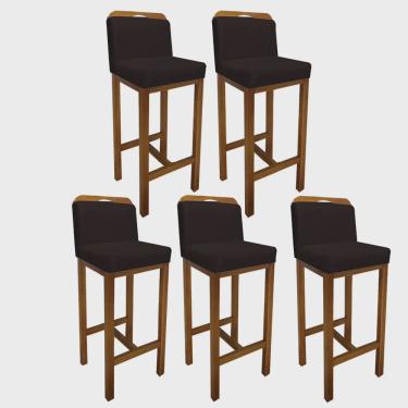 Imagem de Kit 05 Banqueta Alta Com Encosto Zion Cozinha Balcão Bistrô Base Madeira Castanho Suede Marrom - Ahz Móveis