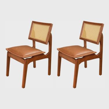 Imagem de Conjunto de 2 Cadeiras de Madeira Maciça Tauari, Rattan Natural e Assento Estofado Daren Living