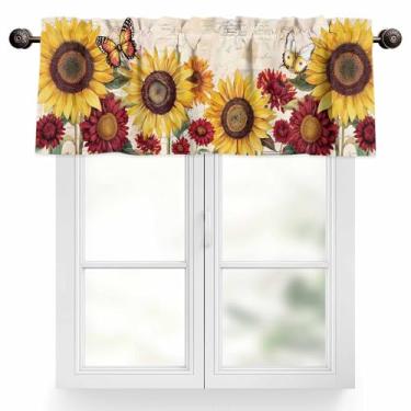 Imagem de Cortina de cortina, girassol amarelo verão haste bolso cortina de janela curta para sala de estar, quarto, cozinha, banheiro, 1 painel, 137 x 45,7 cm flor borboleta vermelha crisântemo